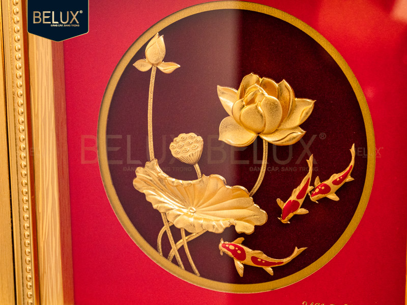 Tranh Cá Chép Hoa Sen Dát Vàng 24k 20x20cm